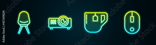 Set line Office chair, Movie, film, media projector, Cup of tea with tea bag and Computer mouse. Glowing neon icon. Vector