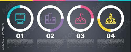 Set line Computer monitor, Award over winner podium, Mountains with flag and Hierarchy organogram chart. Business infographic template. Vector