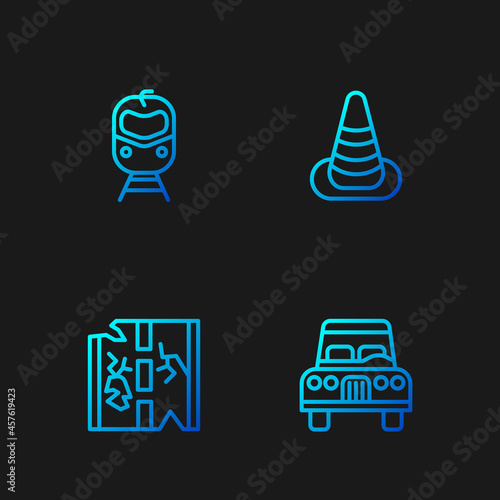 Set line Car, Broken road, Train and railway and Traffic cone. Gradient color icons. Vector