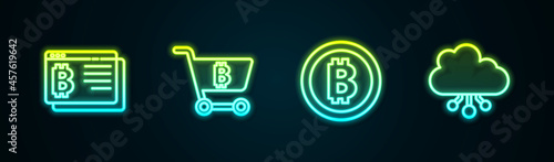 Set line Bitcoin in browser, Shopping cart with bitcoin, and Cryptocurrency cloud mining. Glowing neon icon. Vector