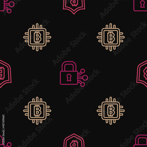 Set line Shield with bitcoin, CPU mining farm and Lock on seamless pattern. Vector