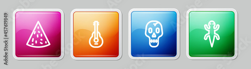 Set line Nachos, Mexican guitar, Skull and Lizard. Colorful square button. Vector