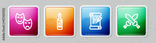 Set line Comedy and tragedy masks, Bottle of wine, Decree, parchment, scroll and Crossed medieval sword. Colorful square button. Vector
