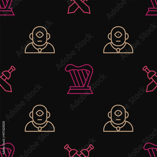 Set line Crossed medieval sword, Cyclops and Harp on seamless pattern. Vector