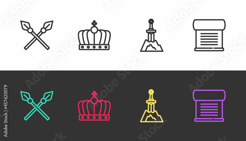 Set line Crossed medieval spears, King crown, Sword the stone and Decree, parchment, scroll on black and white. Vector