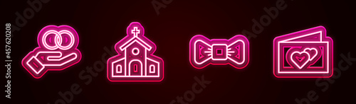 Set line Wedding rings, Church building, Bow tie and Greeting card. Glowing neon icon. Vector