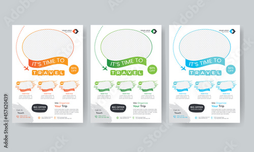 Creative holiday travel flyer template brochure vector design for travel agency with contact and venue 