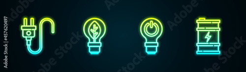 Set line Electric plug, Light bulb with leaf, lightning and Bio fuel barrel. Glowing neon icon. Vector