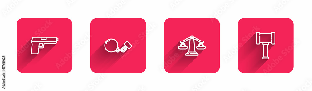 Set line Pistol or gun, Ball on chain, Scales of justice and Judge gavel with long shadow. Red square button. Vector Set line Pistol or gun, Ball on chain, Scales of justice and Judge gavel with long shadow. Red square button. Vector