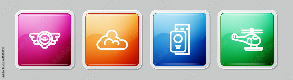 Set line Aviation emblem, Cloud weather, Passport with ticket and Helicopter. Colorful square button. Vector Set line Aviation emblem, Cloud weather, Passport with ticket and Helicopter. Colorful square button. Vector