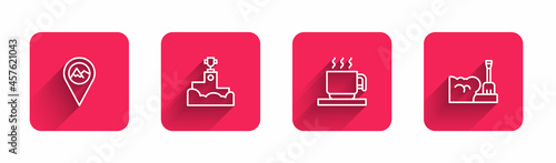 Set line Location with mountain, Award winner podium, Hot chocolate cup and Shovel snowdrift with long shadow. Red square button. Vector