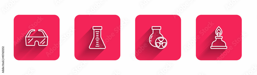 Set line Safety goggle glasses, Test tube and flask, radiation and Alcohol or spirit burner with long shadow. Red square button. Vector Set line Safety goggle glasses, Test tube and flask, radiation and Alcohol or spirit burner with long shadow. Red square button. Vector
