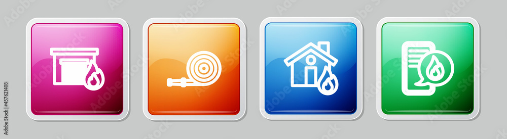 Set line Fire in burning garage, hose reel, house and Phone with emergency call 911. Colorful square button. Vector Set line Fire in burning garage, hose reel, house and Phone with emergency call 911. Colorful square button. Vector