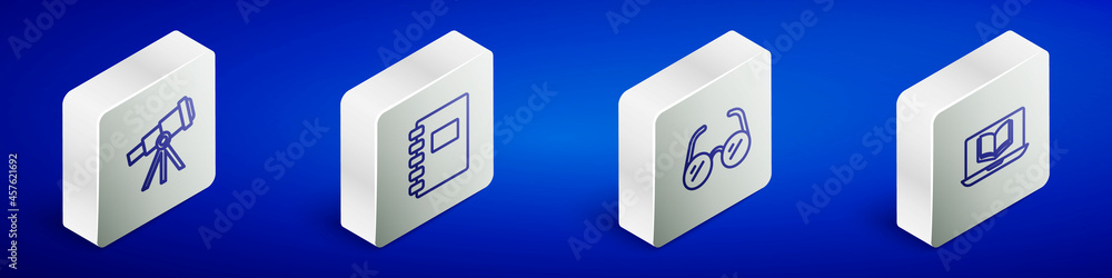 Set Isometric line Telescope, Spiral notebook, Glasses and Online class icon. Vector Set Isometric line Telescope, Spiral notebook, Glasses and Online class icon. Vector