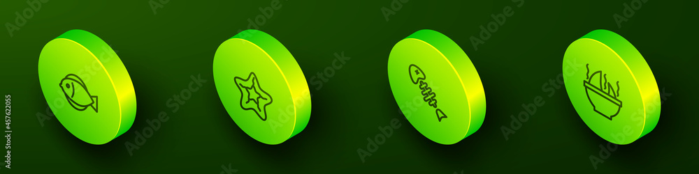 Fototapeta premium Set Isometric line Fish, Starfish, skeleton and Shark fin soup icon. Vector