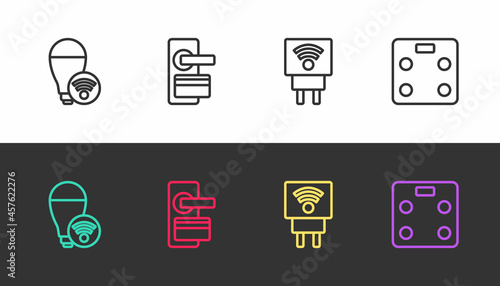 Set line Smart light bulb, Digital door lock, electric plug and bathroom scales on black and white. Vector