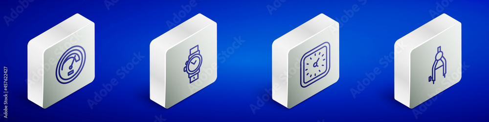 Set Isometric line Speedometer, Wrist watch, Clock and Drawing compass icon. Vector Set Isometric line Speedometer, Wrist watch, Clock and Drawing compass icon. Vector