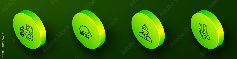 Set Isometric line Tractor, Hedgehog, Autumn clothes and Socks icon. Vector Set Isometric line Tractor, Hedgehog, Autumn clothes and Socks icon. Vector