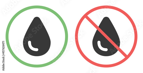 Drop water icon on circle sign. No liquid allowed sign.