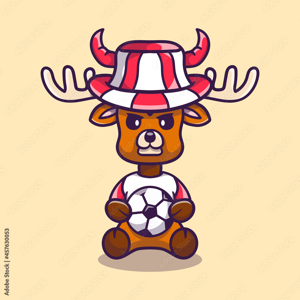 cute deer football supporter with ball and hat