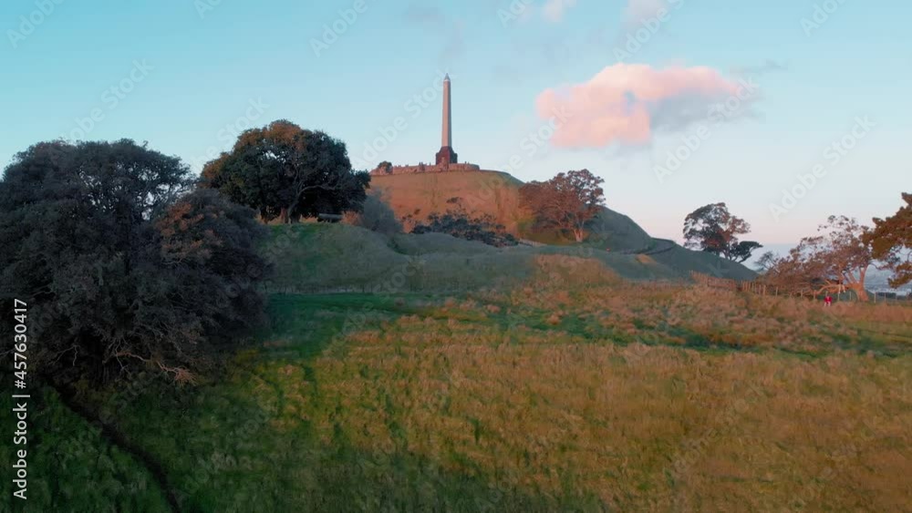 Aerial: One tree hill at sunset, Auckland, New Zealand Aerial: One tree hill at sunset, Auckland, New Zealand