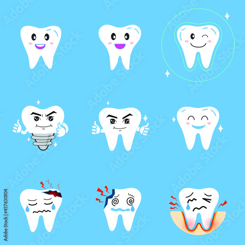teeth set. Cute tooth characters. Dental personage vector illustration. Dental concept for your design. Oral hygiene, teeth cleaning