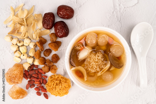 Chinese snow fungus dessert soup with the ingredients  top view 