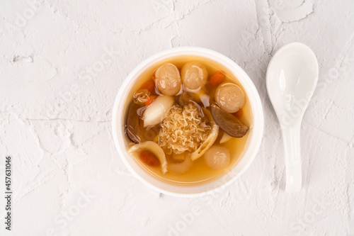 Chinese snow fungus dessert soup top view 