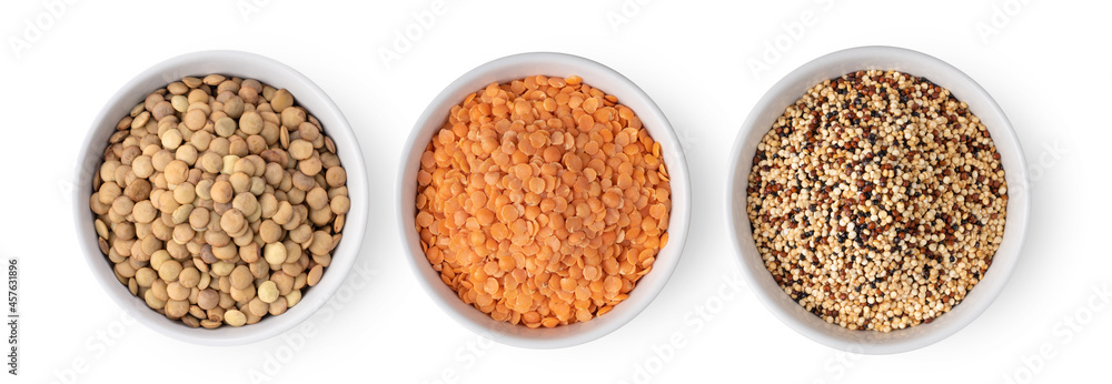 Uncooked lentils in white bowl isolated on white background Uncooked lentils in white bowl isolated on white background