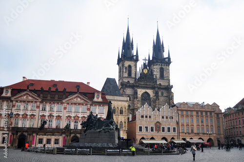 Czechia people and foreign travelers travel visit at Church of Our Lady Mother of God before Tyn and House at White Unicorn at Praha Old Town Square city on November 11, 2016 in Prague, Czech Republic