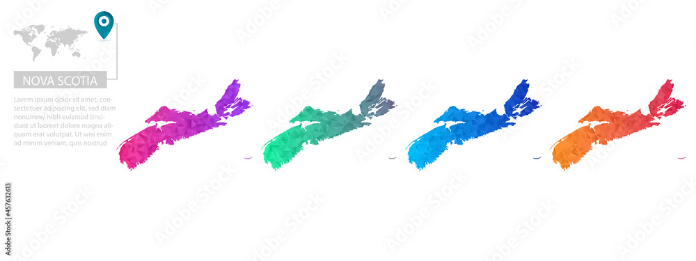 Obraz premium Set of vector polygonal Nova Scotia maps. Bright gradient map of country in low poly style. Multicolored country map in geometric style for your