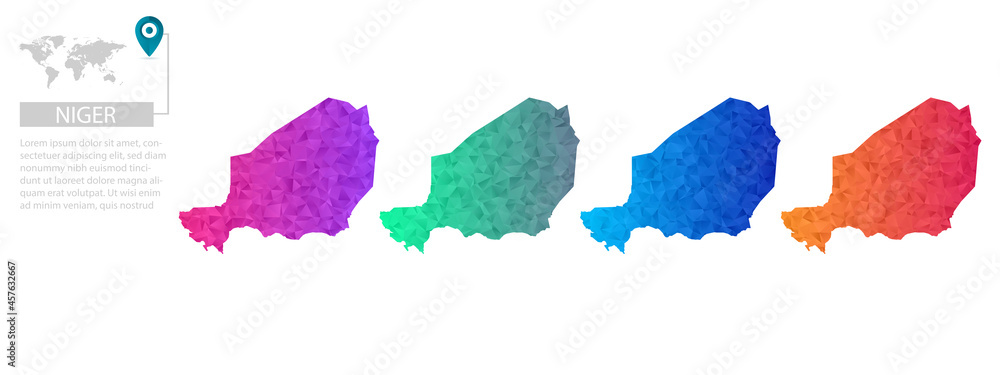 Set of vector polygonal Niger maps. Bright gradient map of country in low poly style. Multicolored country map in geometric style for your
