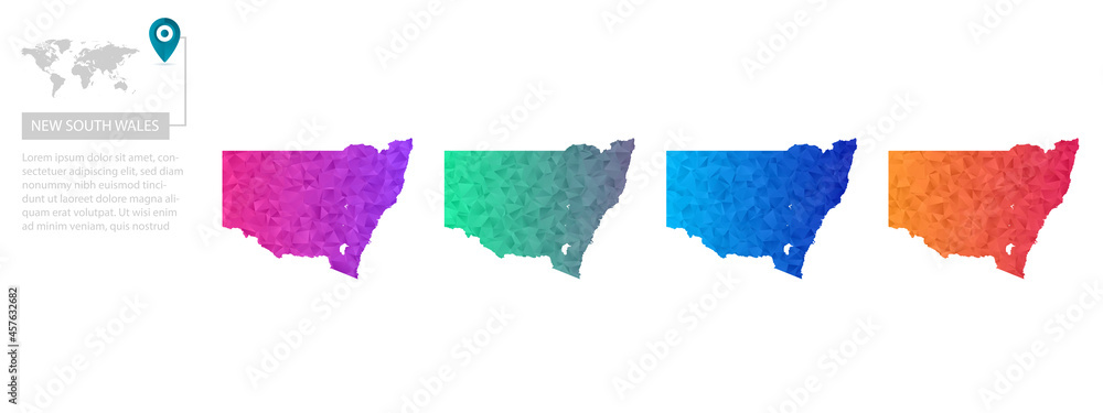 Vetor de Set of vector polygonal New South Wales maps. Bright gradient ...