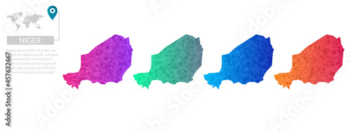 Set of vector polygonal Niger maps. Bright gradient map of country in low poly style. Multicolored country map in geometric style for your