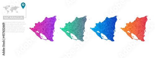 Set of vector polygonal Nicaragua maps. Bright gradient map of country in low poly style. Multicolored country map in geometric style for your