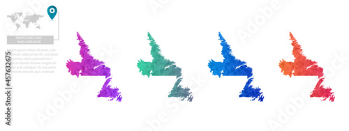 Set of vector polygonal Newfoundland and Labrador maps. Bright gradient map of country in low poly style. Multicolored country map in geometric style for your