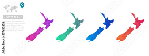 Set of vector polygonal New Zealand maps. Bright gradient map of country in low poly style. Multicolored country map in geometric style for your