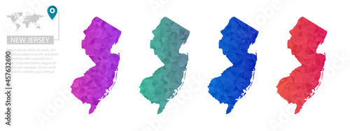 Set of vector polygonal New Jersey maps. Bright gradient map of country in low poly style. Multicolored country map in geometric style for your
