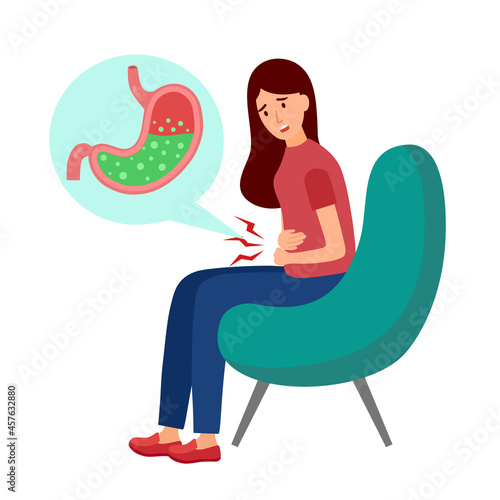 Woman feel pain in stomach vector illustration. Stomach acid reflux disease and digestive system problem. 