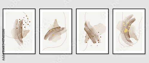 Abstract art background vector. Minimal hand painted watercolor and golden brush line art illustration.  Design for wall decoration, wall arts, cover, postcards, brochure. 
