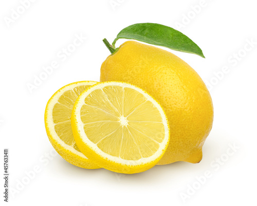 Ripe lemon fruit and slices with leaves isolated on white background, fresh lemon fruit.