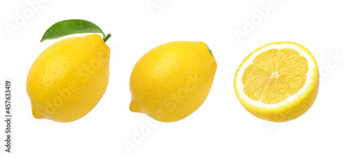 Ripe lemons and slices with leaves isolated on white background, Juicy Lemon.