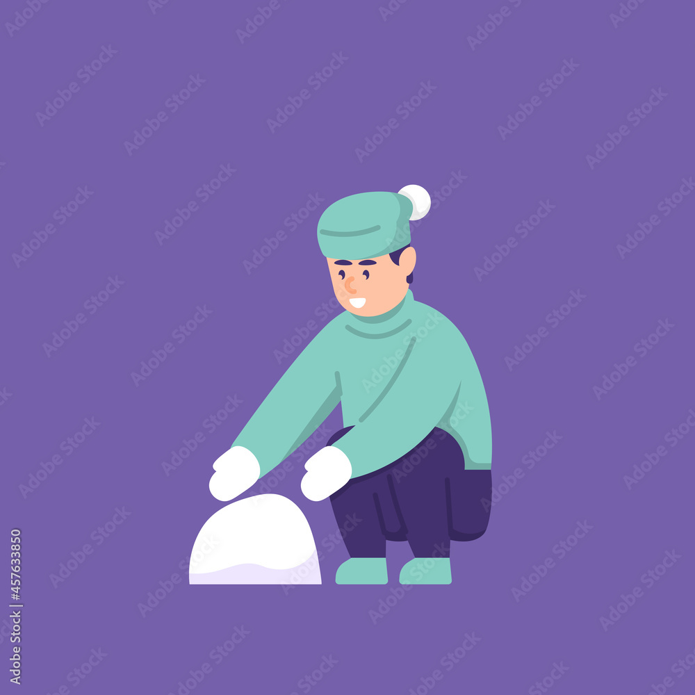illustration of a boy collecting snow to make a snowman. wear a jacket or winter clothes. people activity. vector designs. design elements for winter and christmas. sticker