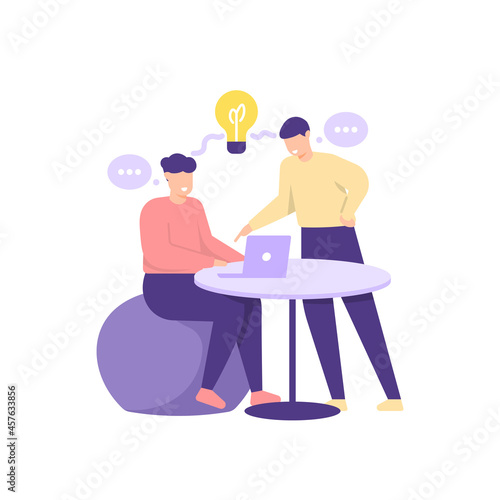 illustration of a team discussing or chatting to get ideas or solutions. teamwork, brainstorming, meeting, solving a problem. people at work.flat cartoon style. vector design