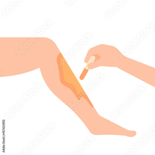 illustration of a hand applying wax to the foot to clean or remove leg hair. waxing. body care. flat cartoon style. vector design
