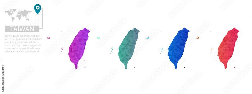Set of vector polygonal Taiwan maps. Bright gradient map of country in low poly style. Multicolored country map in geometric style for your