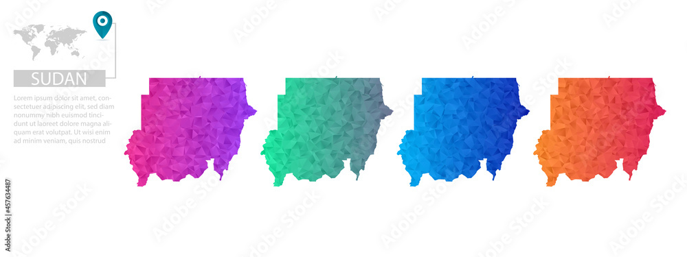 Set of vector polygonal Sudan maps. Bright gradient map of country in low poly style. Multicolored country map in geometric style for your