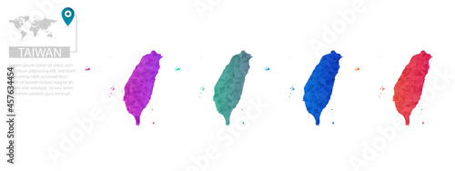 Set of vector polygonal Taiwan maps. Bright gradient map of country in low poly style. Multicolored country map in geometric style for your