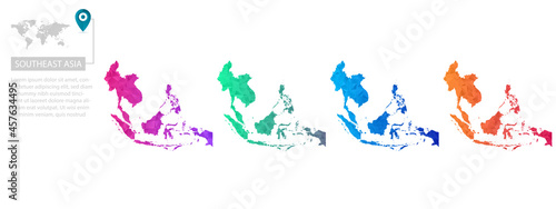 Set of vector polygonal Southeast Asia maps. Bright gradient map of country in low poly style. Multicolored country map in geometric style for your