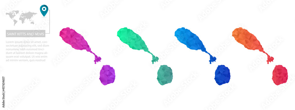 Set of vector polygonal Saint Kitts and Nevis maps. Bright gradient map of country in low poly style. Multicolored country map in geometric style for your Set of vector polygonal Saint Kitts and Nevis maps. Bright gradient map of country in low poly style. Multicolored country map in geometric style for your